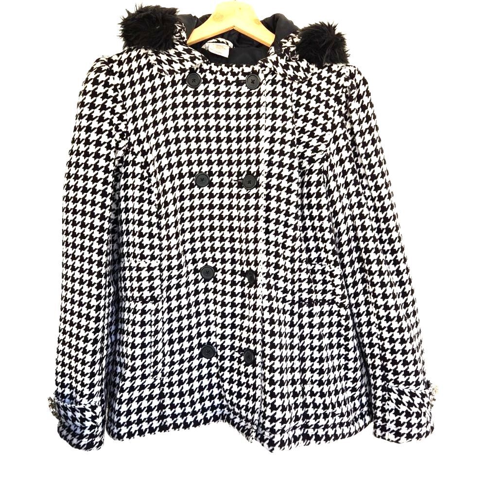 Disney Resorts Black and White Houndstooth Coat w detachable fur hood